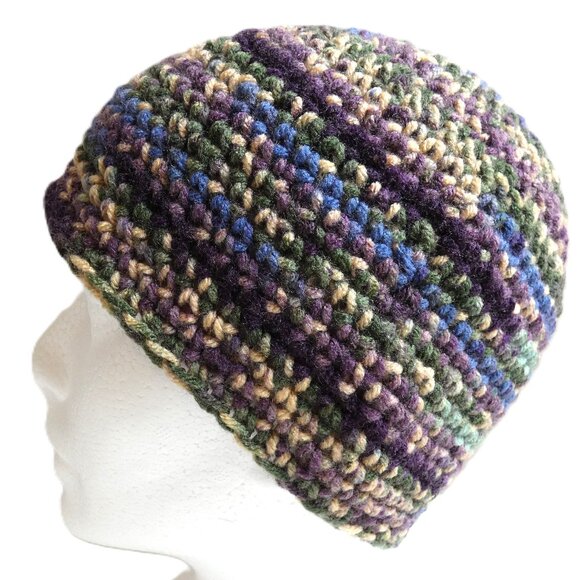 Winter Skull Cap Camo Beanie OS Multicolor Hat Handmade Crochet Hand Knit 7.5" - Picture 1 of 10